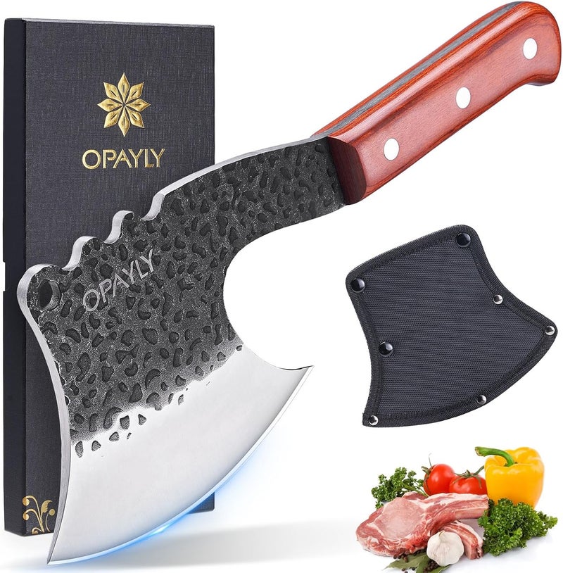 OPAYLY Meat Bone Cleaver Knife Heavy Duty Bone Choppe for Meat Cutting Hand Forged Butcher Axes with Cover cleavers High Carbon meat cleaver for Kitchen Outdoor Camping BBQ gifts for men - Image 1